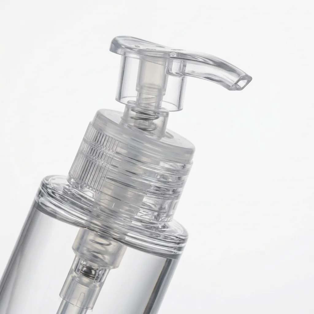 Detailed view of a clear plastic airless pump mechanism