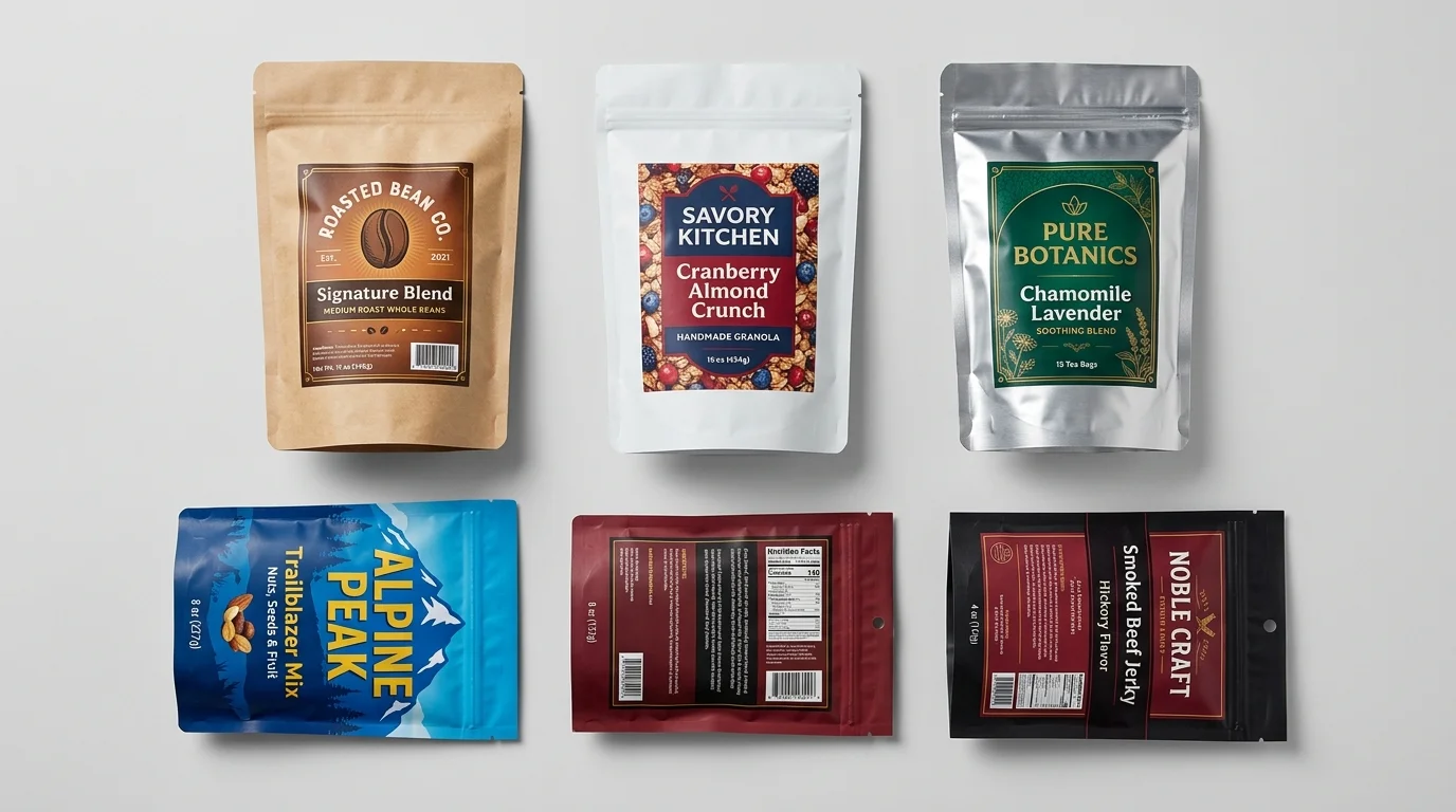 Custom printed Kraft stand-up pouches standing on a wooden store shelf