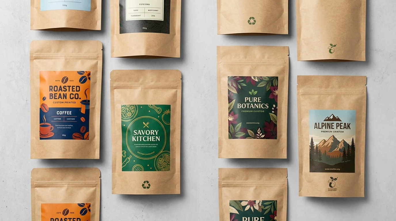 Side-by-side comparison of standard high-barrier kraft and compostable kraft pouches