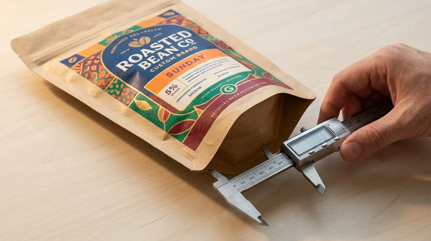 Measuring the bottom gusset of a natural Kraft stand-up pouch