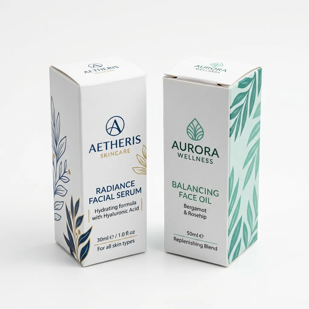 A series of straight tuck folding cartons sitting on a modern retail shelf showing clean front panels