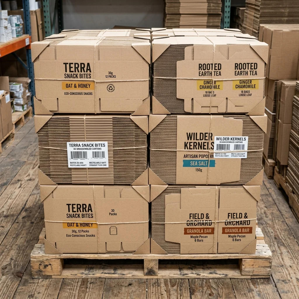 A stack of flat-packed straight tuck boxes neatly organized on a shipping pallet inside a clean warehouse