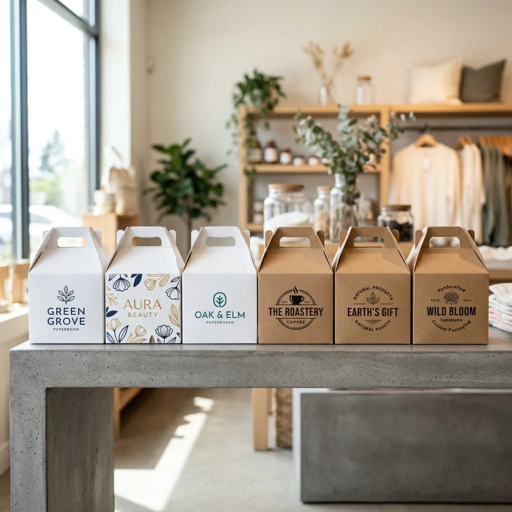 Custom printed gable boxes lined up on a display shelf