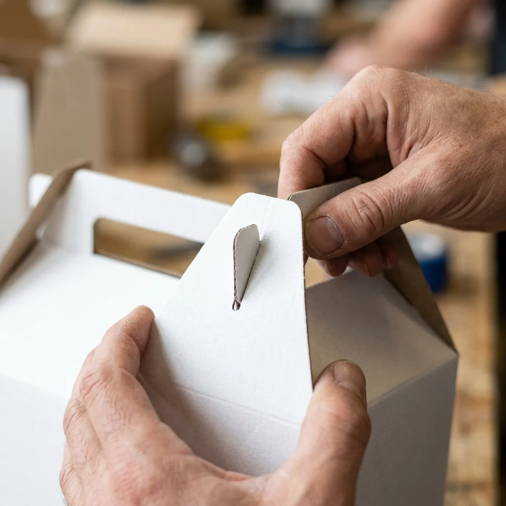 Close up of a hand locking the handle of a custom cardboard gable box