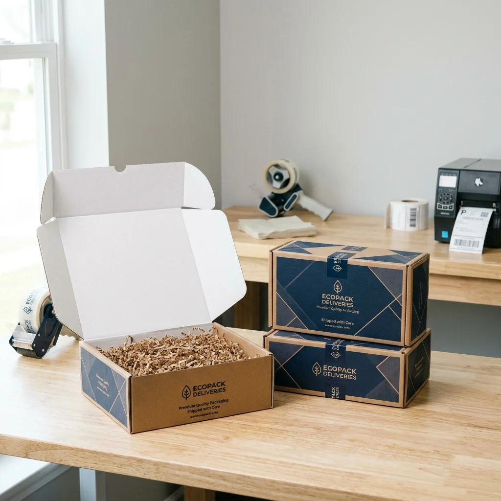 Custom printed mailer boxes arranged neatly in a shipping station