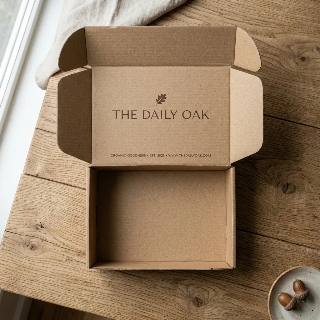 Branded kraft mailer box open on a wooden table
