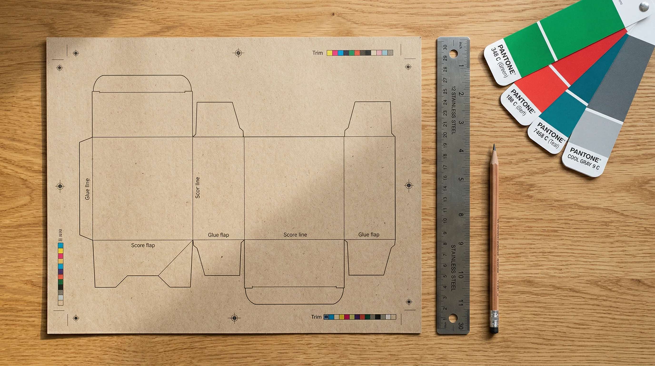 Overhead flat-lay photography of packaging dielines printed on kraft paper next to a metal ruler, pencil, and pantone color swatches on a warm oak table