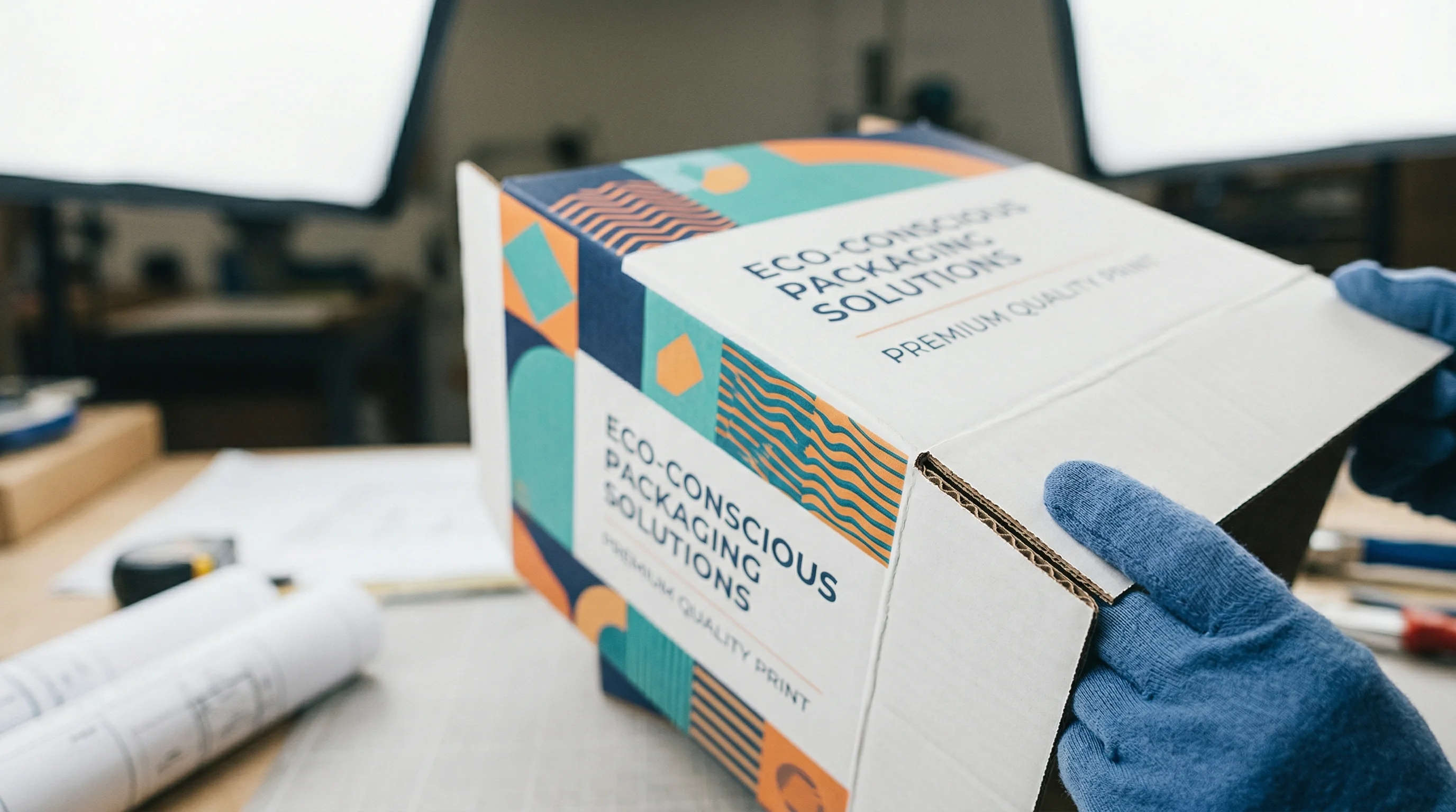 Close-up macro photography of a person folding an unprinted white corrugated cardboard box sample, shallow depth of field focusing on the E-flute edge texture