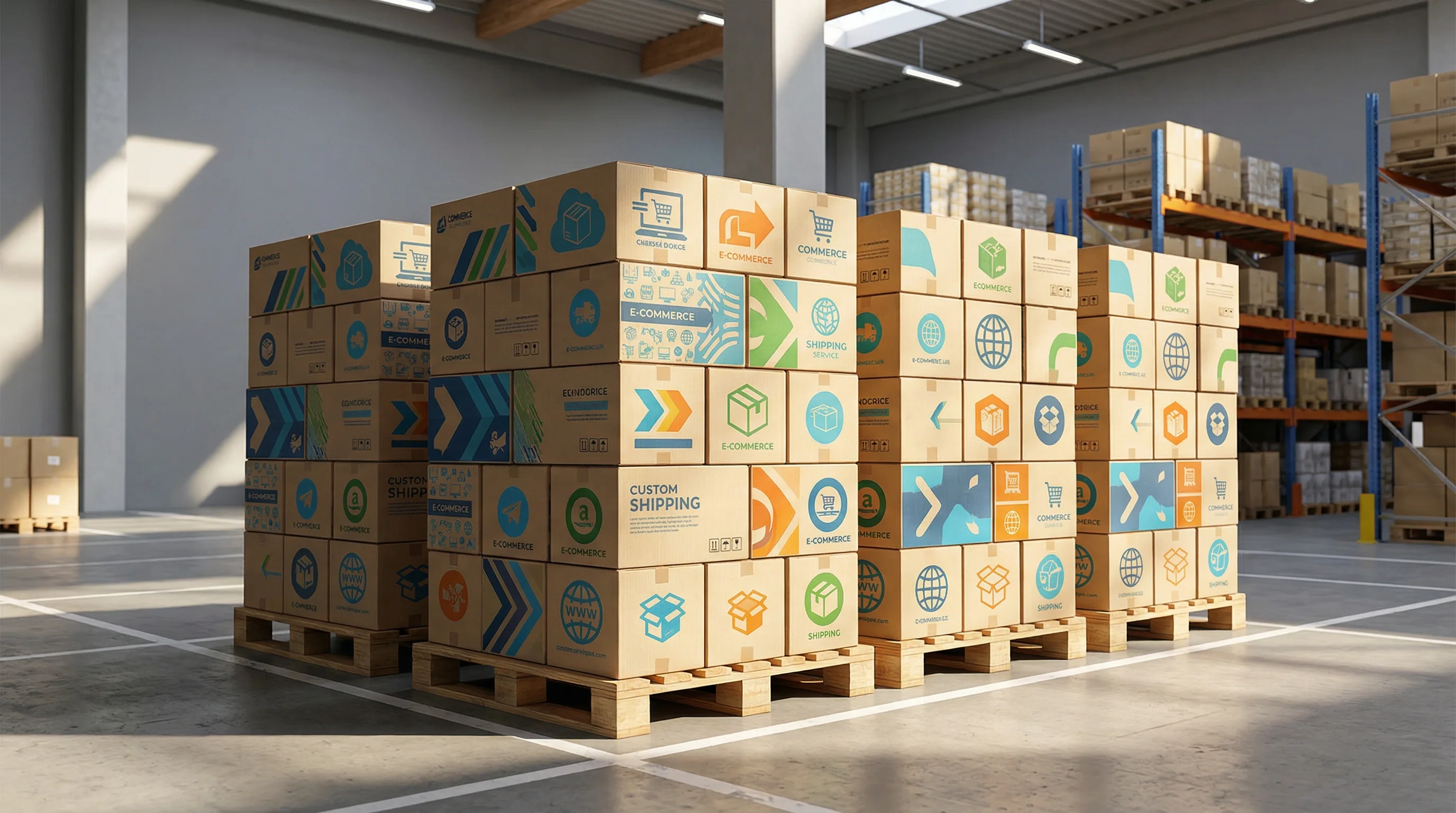 Wide establishing shot of stacked custom printed shipping boxes on standard wooden pallets in a clean, modern warehouse setting