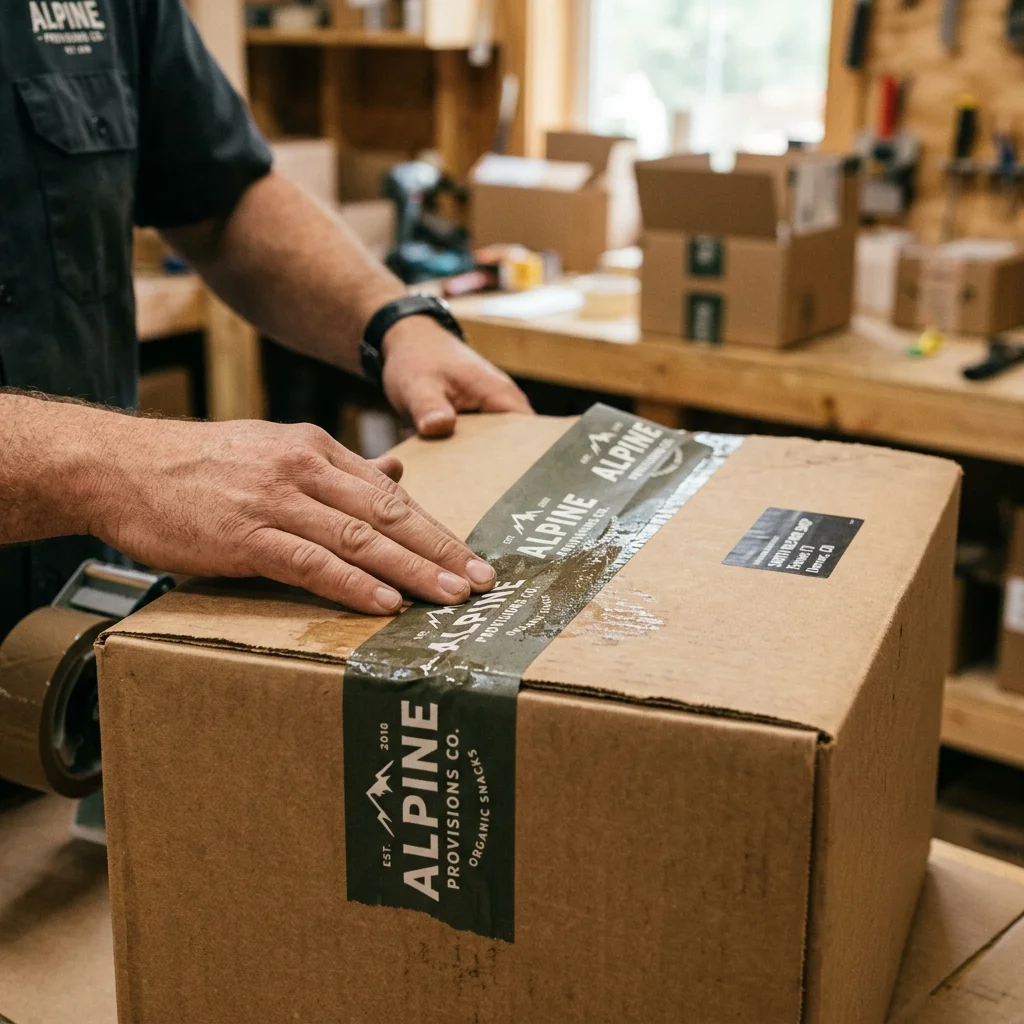 An operator applying custom custom packing tape to a shipping box