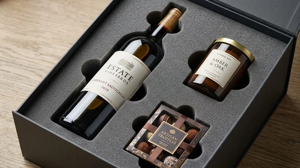 Luxury gift set styled inside a rigid hamper box with custom foam insert holds wine and candle
