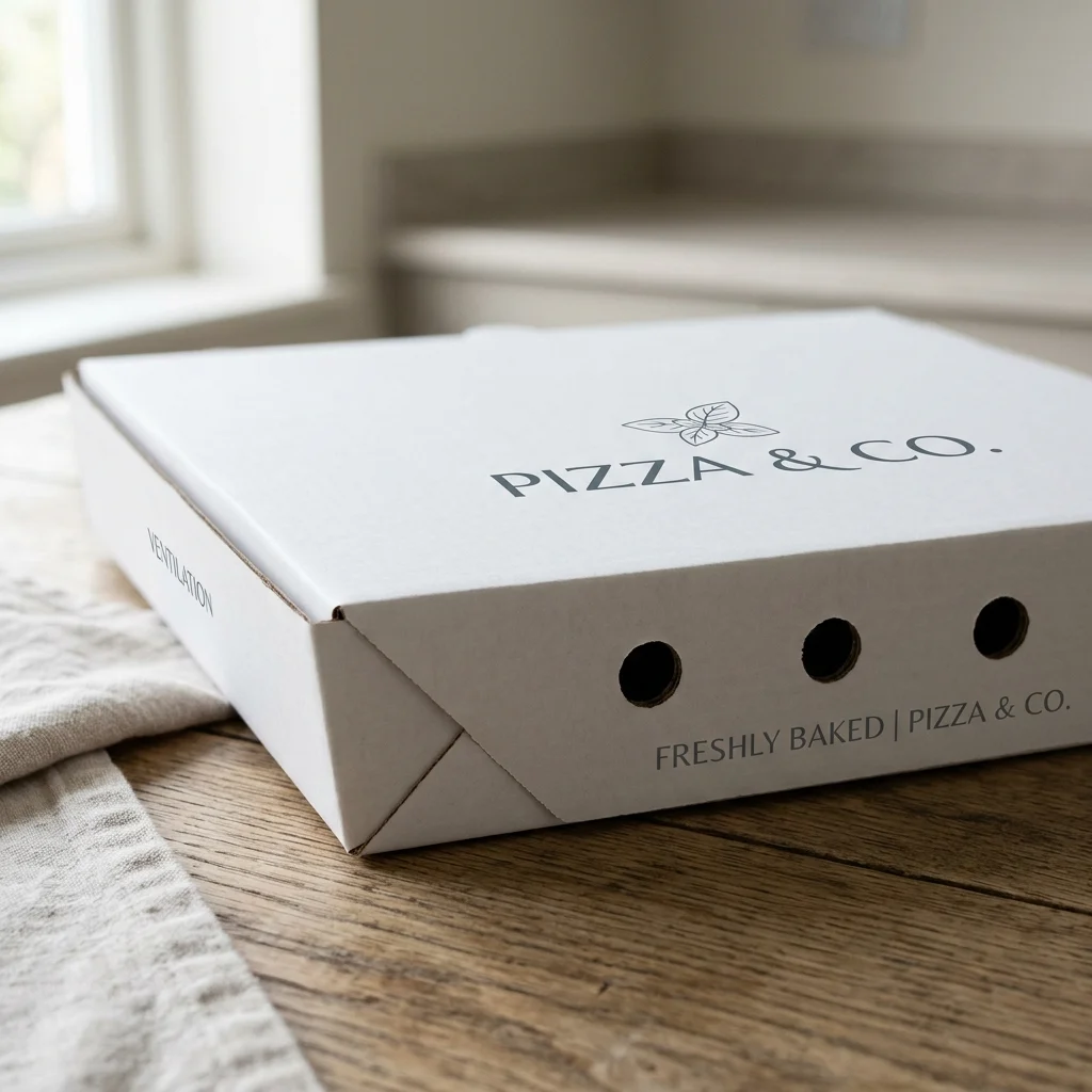 Close-up of steam vent holes on a custom-printed pizza box lid