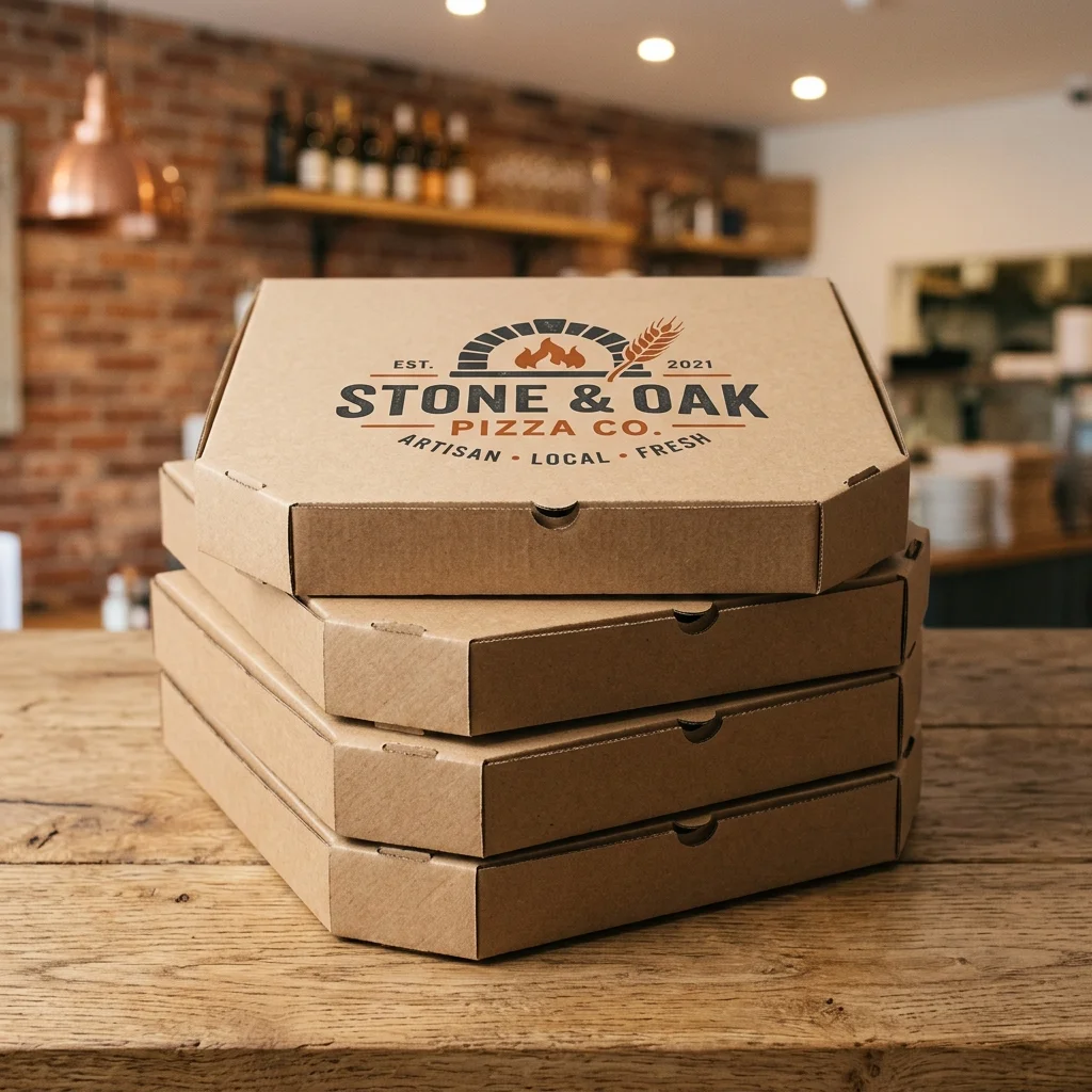 A stack of custom printed kraft pizza boxes inside a restaurant