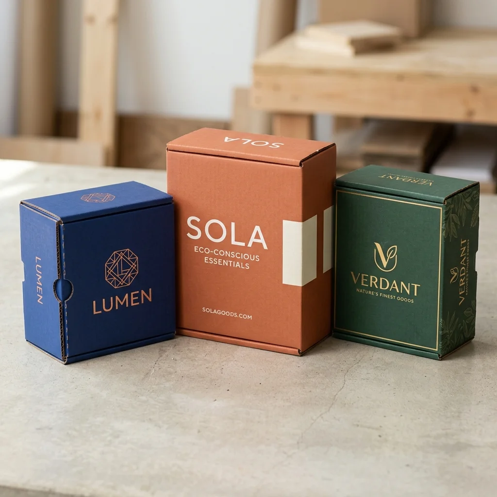 Custom B-Flute Corrugated Boxes - Multi-box DTC brand showcase in navy, terracotta, and forest green