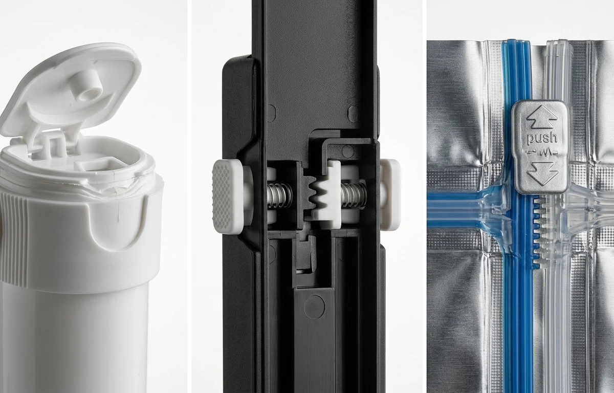 Macro close-up of three CR locking mechanisms — snap-fit pop-top hinge, dual side-push notched tab, and press-and-pull double-track zipper