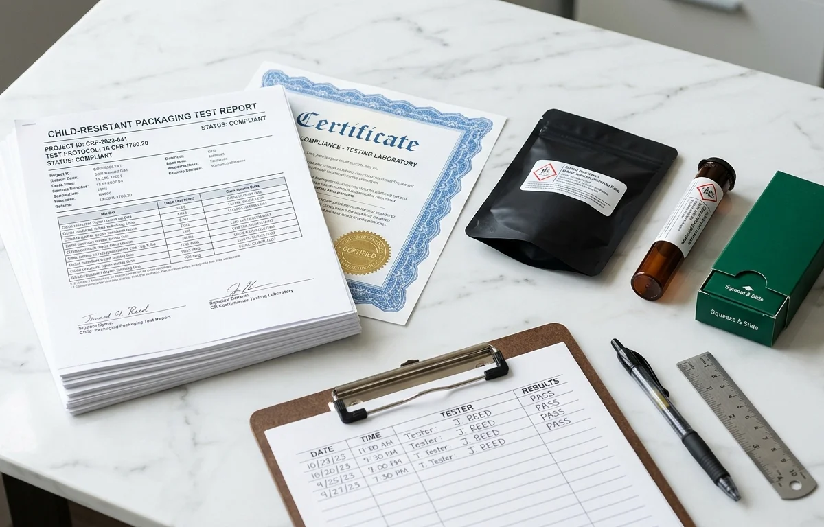 Child-resistant packaging test report documents and compliance certificate with CR packaging samples — mylar bag, tube, and slide box