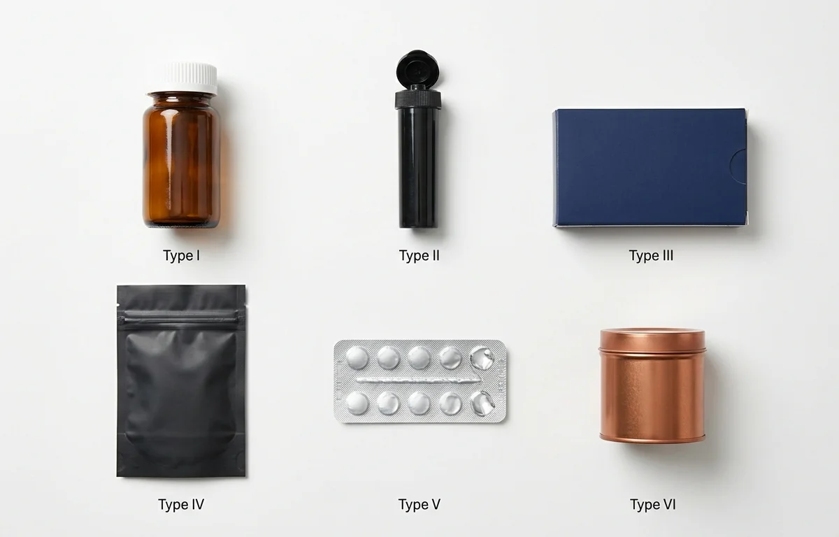 Six ASTM D3475 child-resistant packaging mechanism types — push-and-turn bottle, squeeze-to-open tube, slide-and-lock box, press-and-pull zipper bag, blister pack, and push-and-twist tin