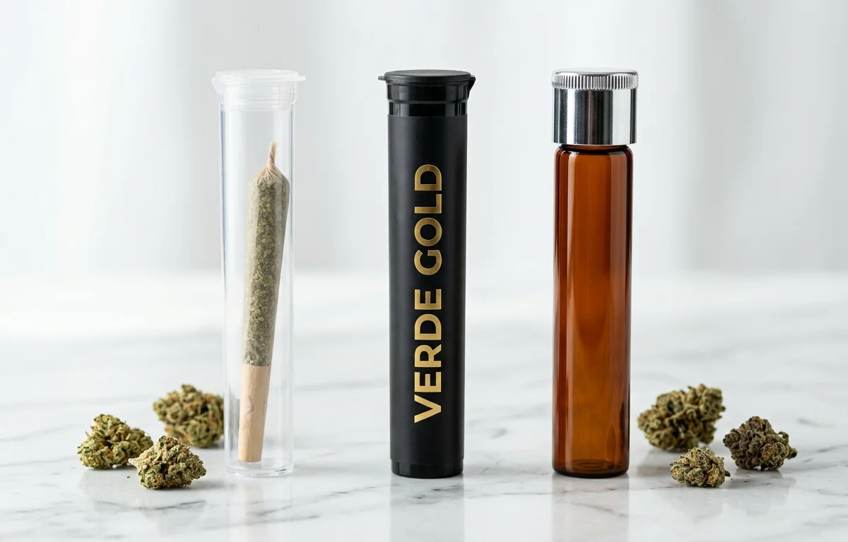 Three child-resistant pre-roll tubes in clear PP, matte black PP, and amber glass — each showing different material properties and branding options