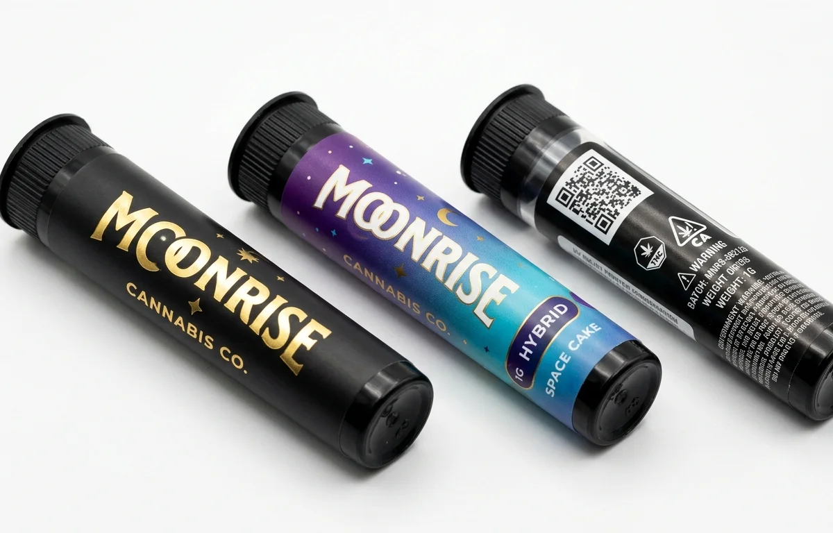 Custom printing techniques on pre-roll tubes — shrink sleeve wrap, gold foil stamping, and UV inkjet with QR code