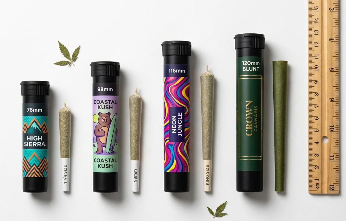 Child-resistant pre-roll tubes in four sizes — 78mm, 98mm, 116mm, and 120mm — with corresponding cone sizes for scale reference