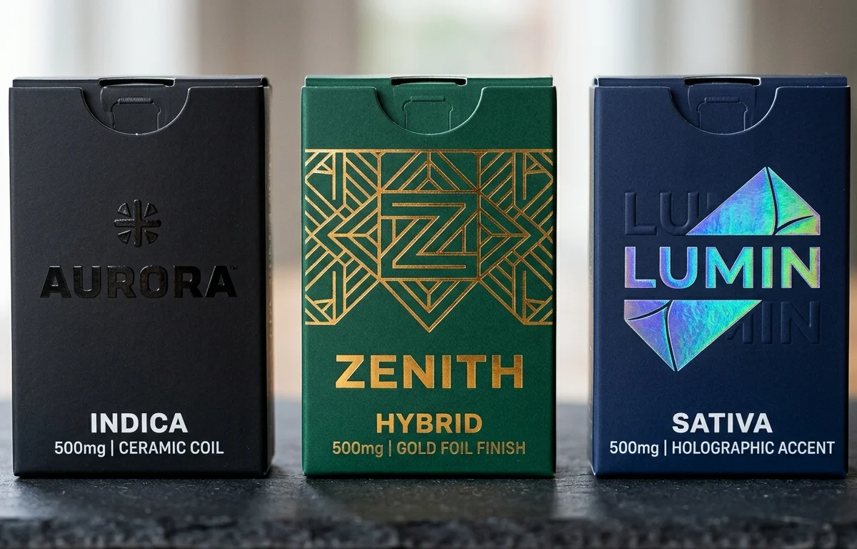 Premium finish techniques on CR vape boxes — soft-touch matte with spot UV, gold foil stamping on emerald, and holographic foil on navy