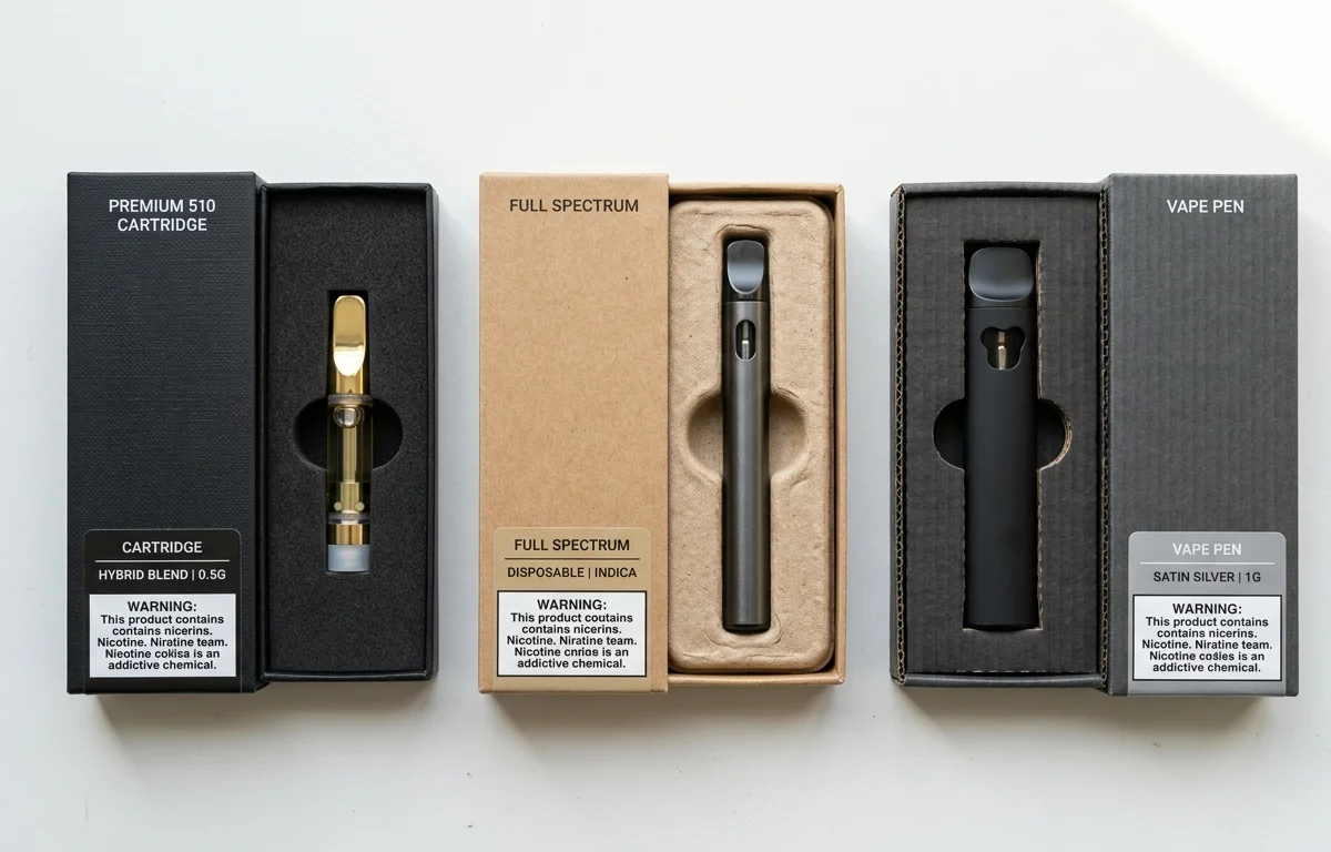 Three vape cartridge insert types — EVA foam, molded paper pulp, and corrugated micro-flute — each holding different cartridge formats