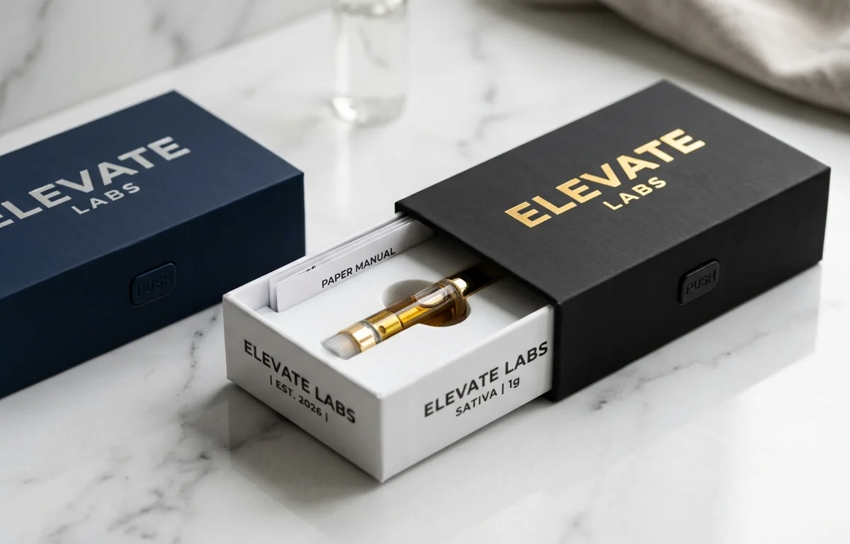 Child-resistant vape slide boxes with dual side-push locking mechanism — showing open tray with EVA foam insert and 510 cartridge