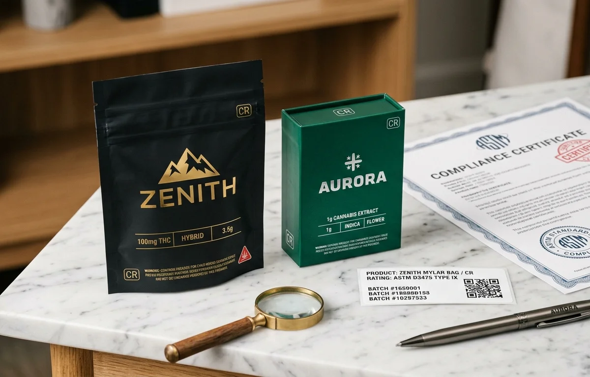 Child-resistant mylar bag and CR box with ASTM compliance certificate and classification label — Cubit handles full certification under your brand name