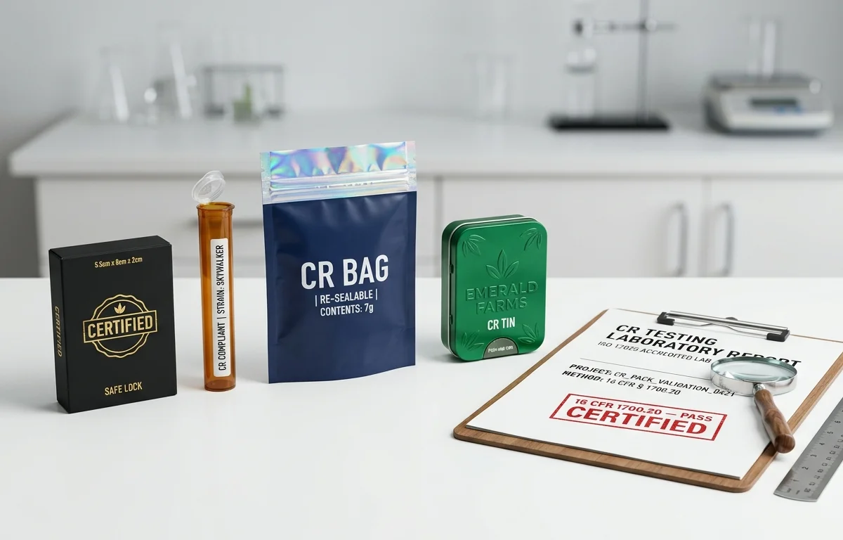 Child-resistant packaging formats with lab testing report showing 16 CFR 1700.20 PASS certification — CR box, tube, mylar bag, and tin