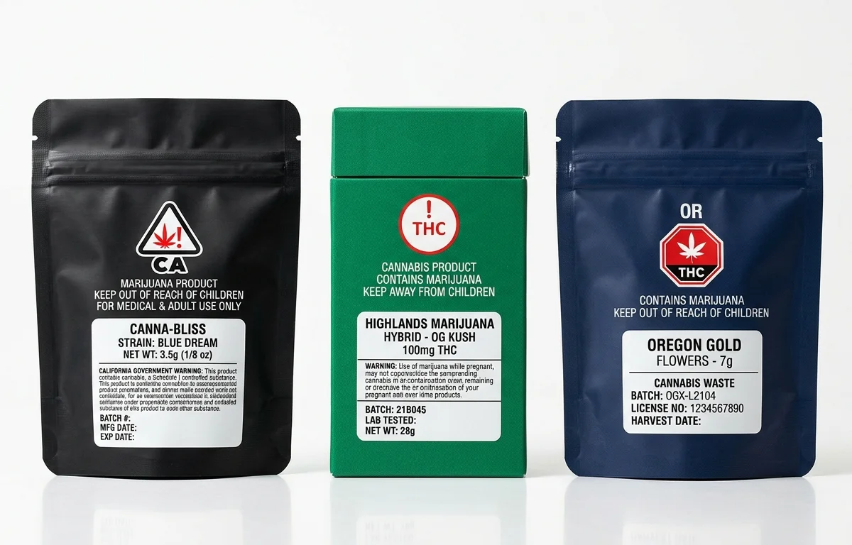 State compliance labels on child-resistant packaging — California THC triangle, Colorado THC diamond, and Oregon THC octagon on CR mylar bags and boxes