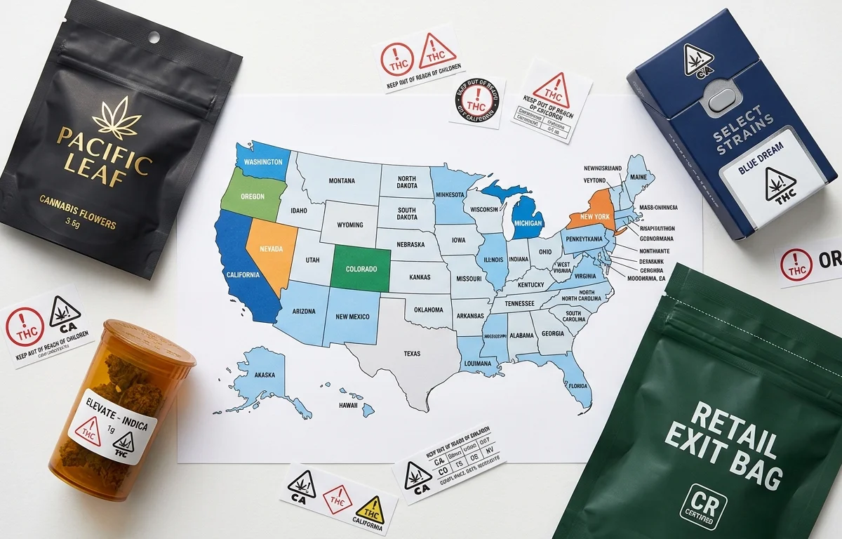 Child-resistant cannabis packaging arranged around a US map showing state compliance requirements — CR mylar bags, boxes, exit bags, and tubes with THC warning symbols