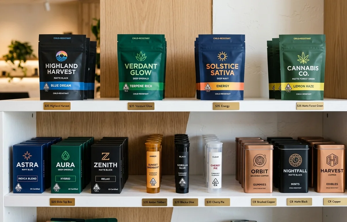 Dispensary retail shelf display showing multiple CR packaging formats — CR mylar bags, slide boxes, pop-top tubes, and tins arranged on modern white shelving