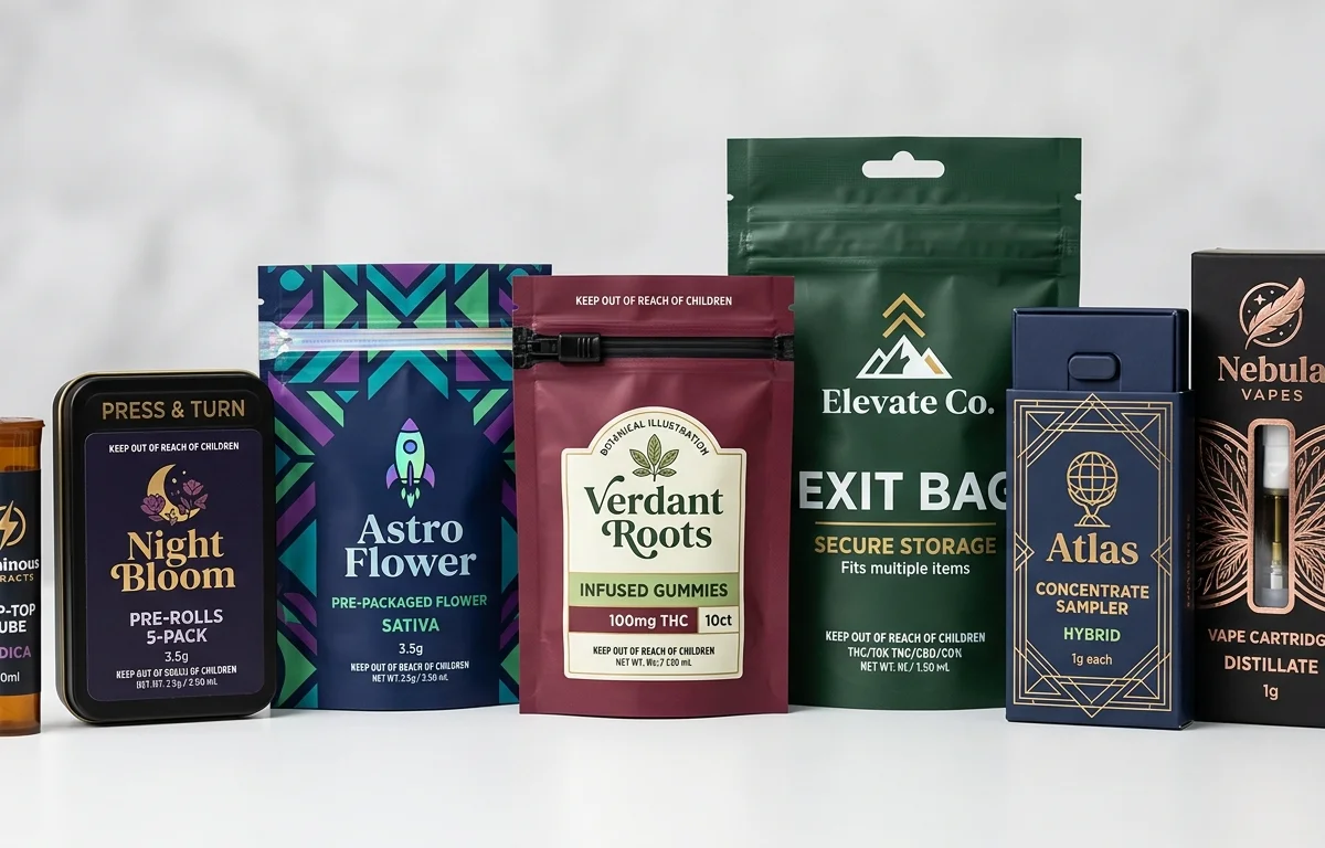 Seven child-resistant packaging formats in a lineup — pop-top tube, CR tin, CR mylar bag, CR pouch, CR exit bag, CR slide box, and CR vape box — each with a different cannabis brand design