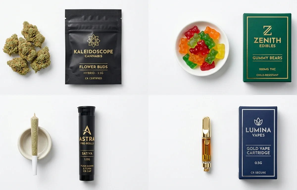Cannabis products matched with their ideal CR packaging — flower with CR mylar bag, gummies with CR box, pre-roll with CR tube, vape cartridge with CR vape box