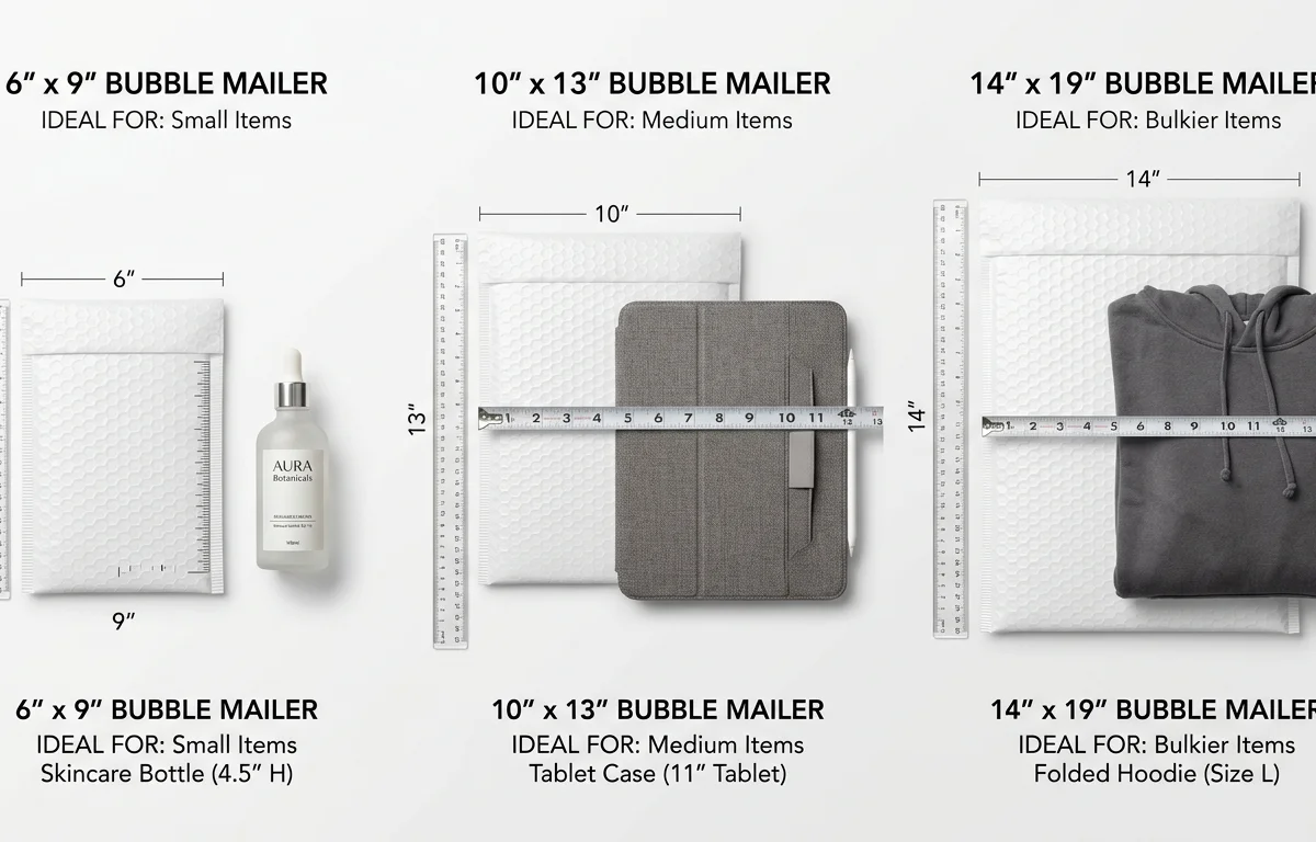 Bubble poly mailer sizing comparison showing different envelope dimensions