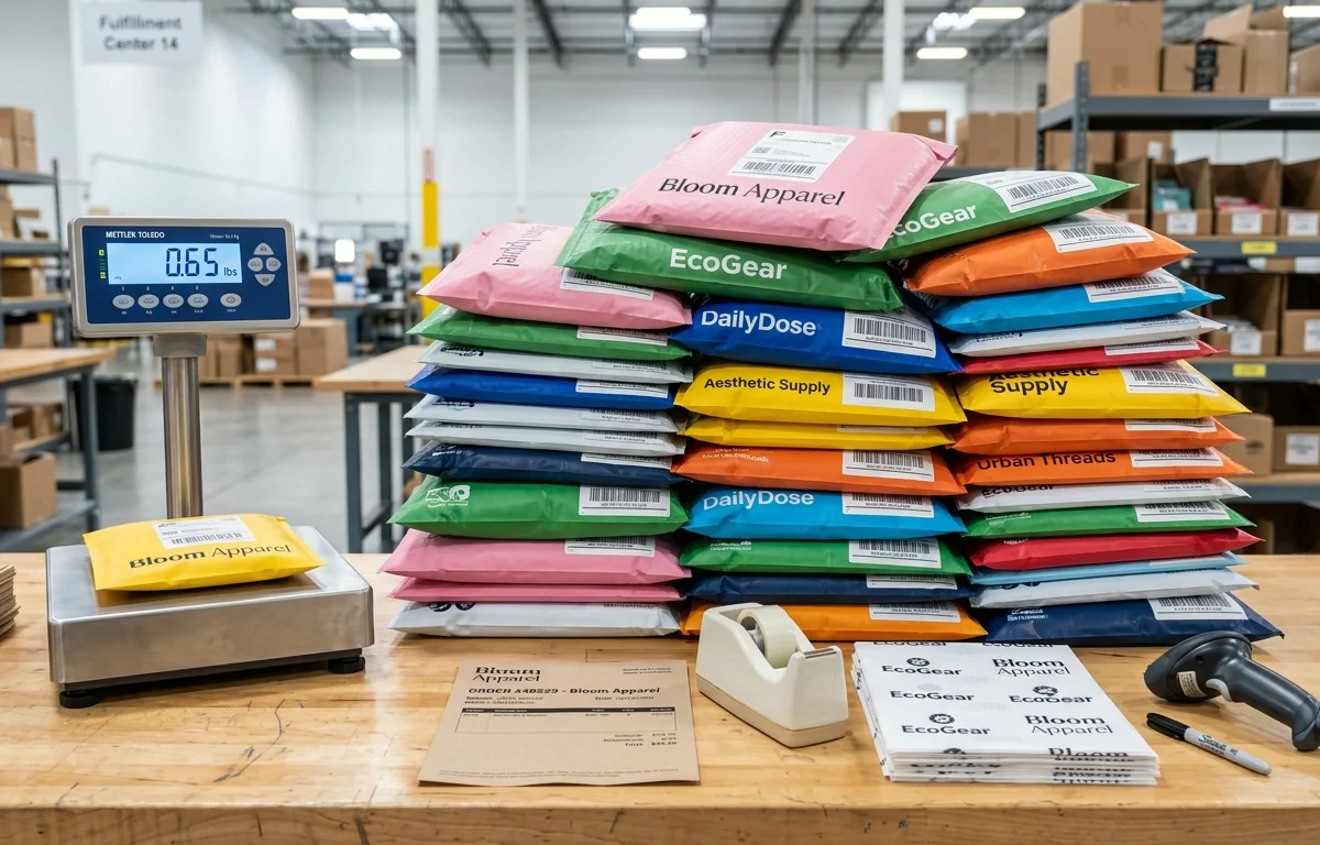 Stacked bubble poly mailers ready for bulk shipping