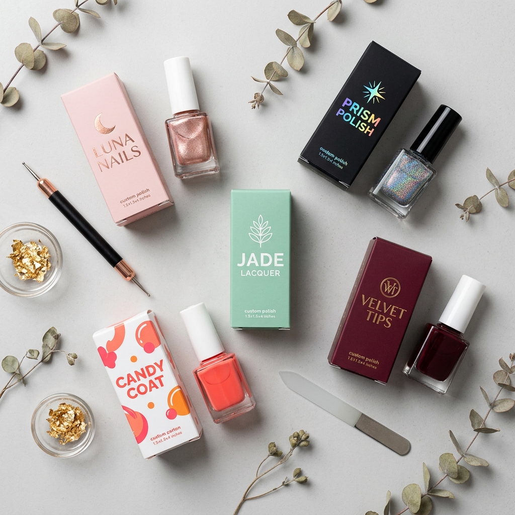 Custom Nail Polish Boxes - 5 nail brand boxes with polish bottles flat lay