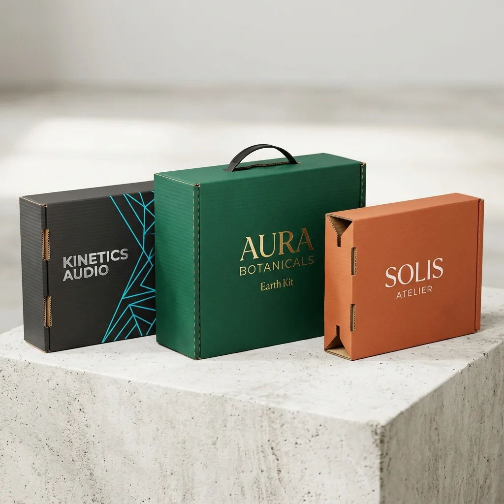 Luxury custom printed die-cut corrugated mailer boxes and handle briefcase box on architectural slab