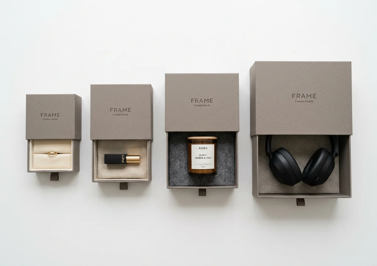 Four drawer box sizes from mini to large with products inside
