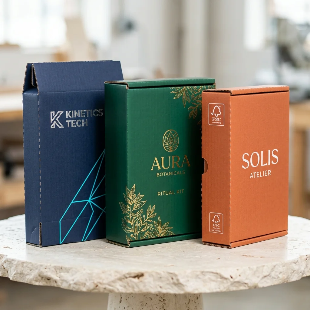Luxury custom printed E-flute corrugated packaging boxes on stone display plinth