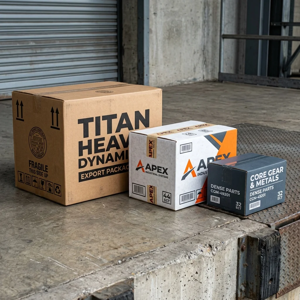 Industrial custom heavy-duty corrugated shipping cartons on loading dock plinth showing double-wall construction and Box Maker Certification
