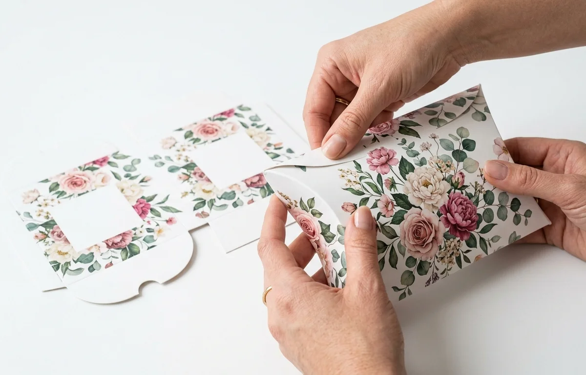 Pillow box assembly - flat die-cut template folding into curved pillow shape