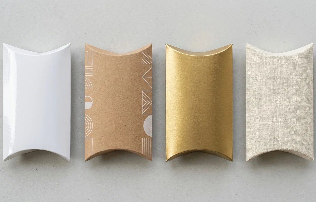 Four pillow box material types side by side - SBS, kraft, metallic, and textured