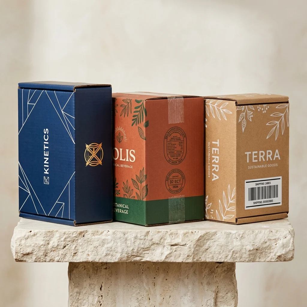 Custom printed corrugated boxes lineup: navy blue geometric mailer with gold emblem, terracotta beverage carton with Box Maker Certificate, and natural kraft shipping box with barcode