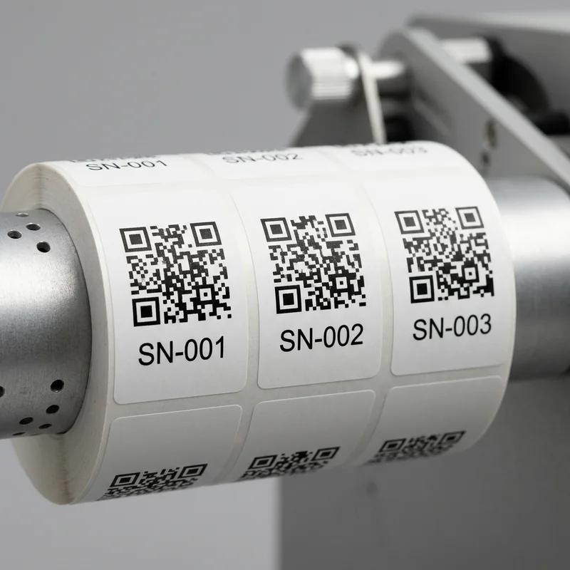Sequential QR code stickers on a roll showing variable data printing serial numbers