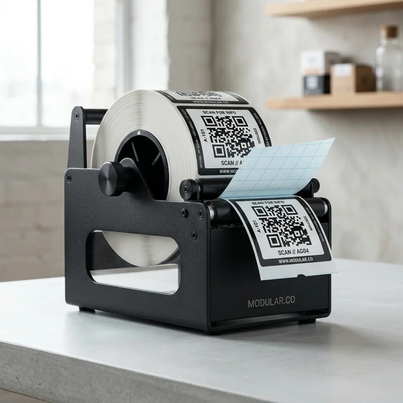Label roll of custom QR codes loaded inside a tabletop metal dispenser