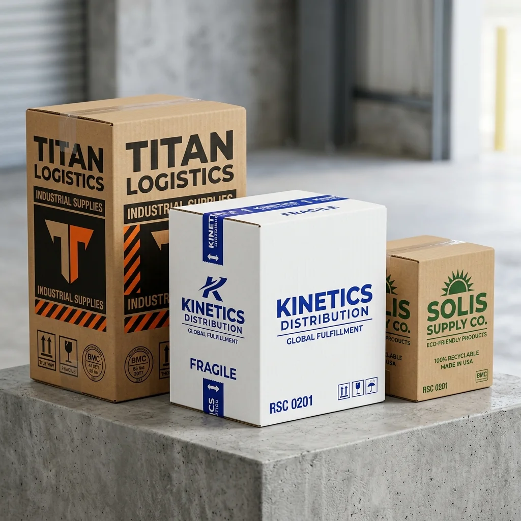 Custom printed Regular Slotted Carton (RSC FEFCO 0201) corrugated shipping boxes lineup: tall 44 ECT kraft TITAN Logistics box with BMC stamp, medium bleached white KINETICS carton with gummed tape, and compact kraft SOLIS box